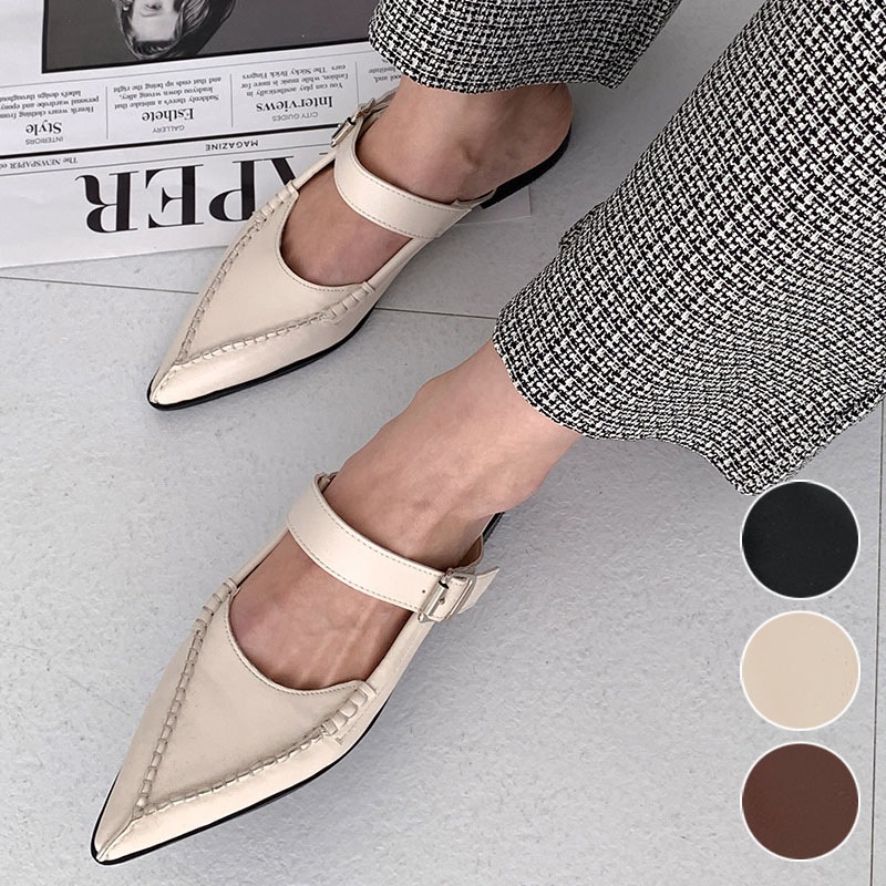 3color 安定感のあるベルト付き甲ストラップ とんがり ポインテッドトゥ ステッチ デイリー フラットミュール．ブローファー