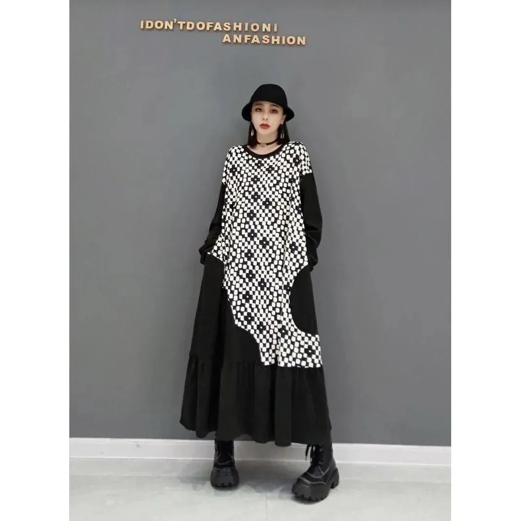 ワンピースギャザー長袖ゆったりおしゃれキルティングプリントワンピースドレス 4,652円