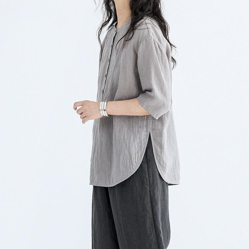 レディース　　シャツ　トップス Ruobai 自家製 漢 リネン 80年代 ソフト グレー 6 点 袖 夏 薄手 シャツ トップス レディース