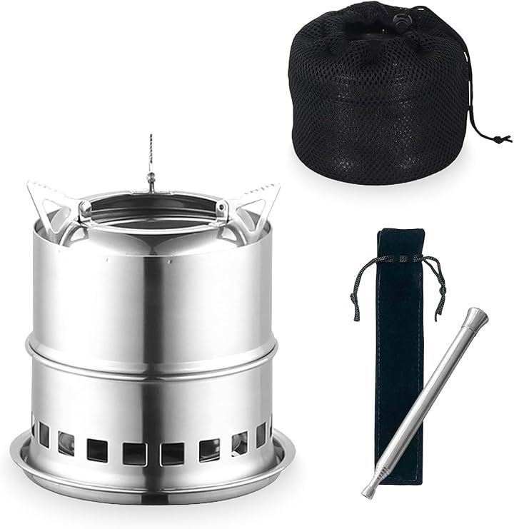 ソロストーブ ウッドストーブ キャンプ 二次燃焼 五徳 コンパクト 焚き火台 火起こし 受け皿 収納袋付き(低脚モデル＋火吹き棒)