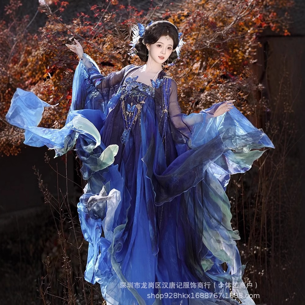 オリジナル漢服女性用青尾蝶重刺繍胸丈スカート大袖シャツ超仙人古代衣装春夏新作