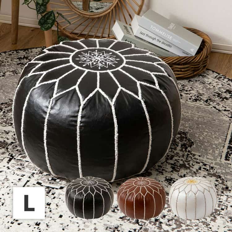 プフ スツール ルタ 直径約50cm Lサイズ 円形 クッション オットマン フェイク レザー 合皮 モロッカン 刺繍 北海道沖縄離島はお届け不可 メーカーより直送