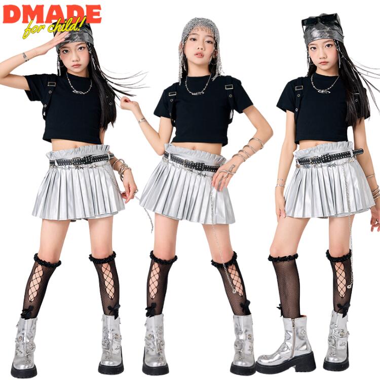 人気SALEキッズダンス衣装 へそ出し 女の子 子供 チアガール セットアップ トップス スカート ベルト 黒 シルバー 4点セット ヒップホップ ジャズダンス 韓国 演出服 練習着 団体服 応援団
