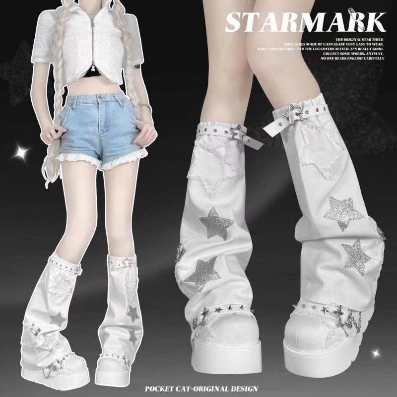 サブカルチャー スター レッグカバー ホワイト ポケット 猫 ロリータ デニム スターウェア レッグカバー