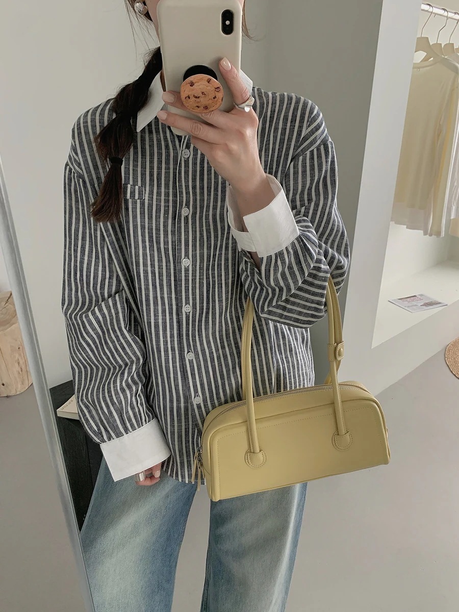 トップスシャツブラウス気質 清新 立ち襟 怠惰な風 ゆったり プリーツ V襟 高級感 ストライプ柄 亜麻 2025春 新作 シャツ