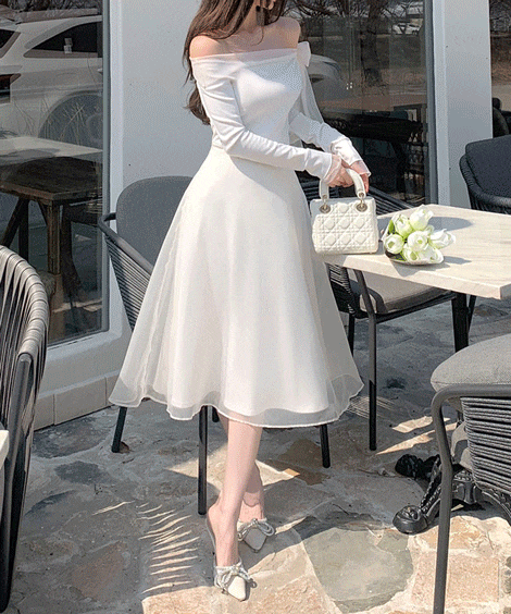 オーガンザ オフショルダー ロングワンピース