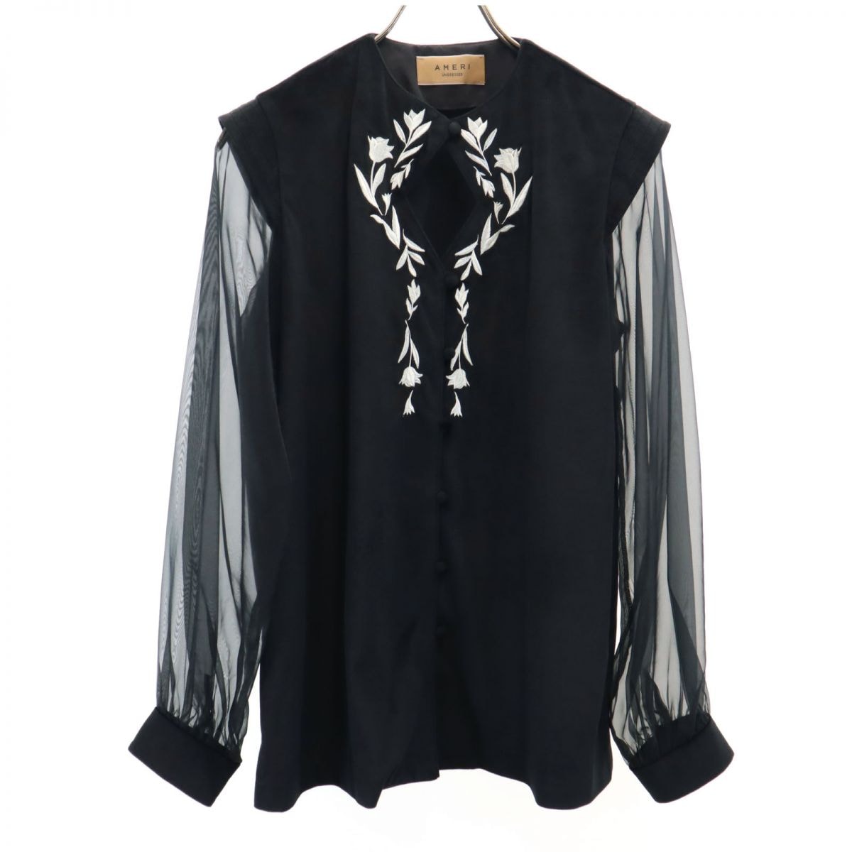刺繍 長袖 ブラウス F ブラック 袖切り替え シースルー ベロア レディース