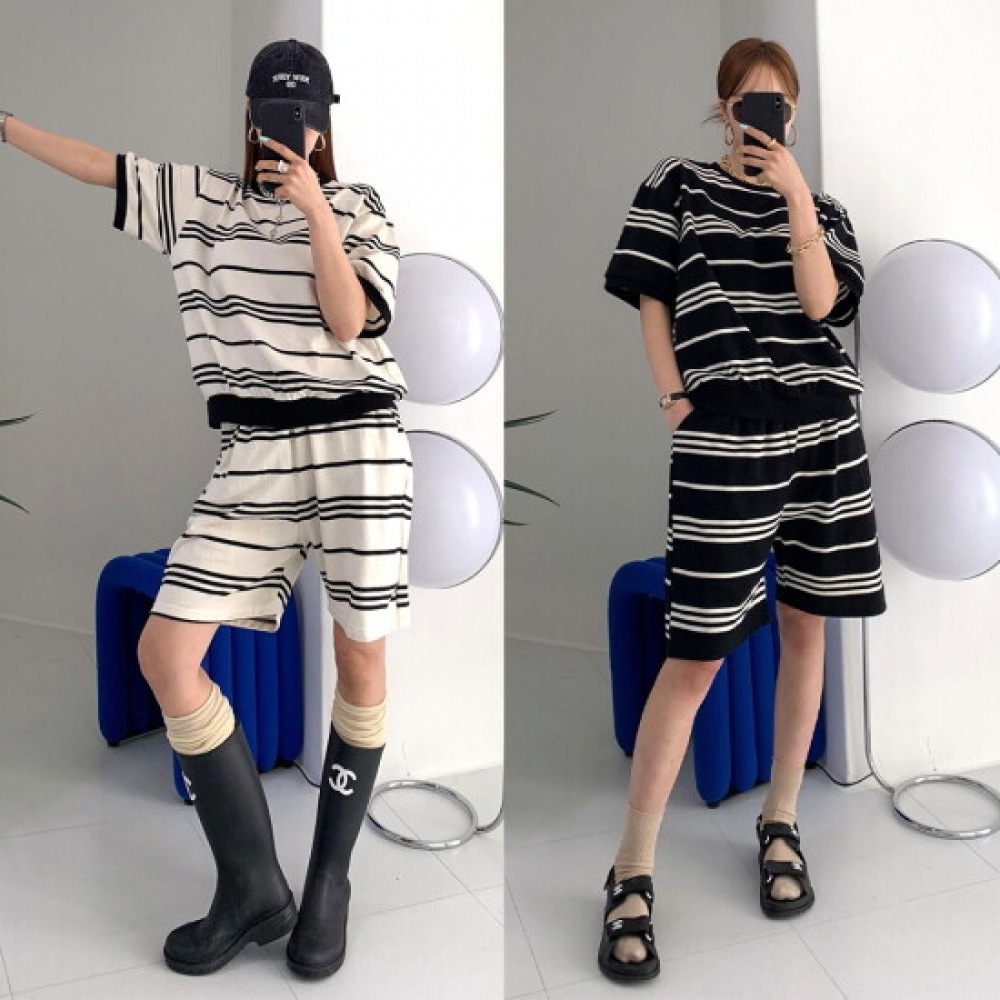 ユヤ レディース コットン ストライプ 半袖 Tシャツ バンディング ショートパンツ トレーニング セットアップ lPST0059