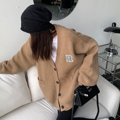 セーターカーディガン ワッペン ブラウン ブラック ホワイト トップス アウター ニットソー