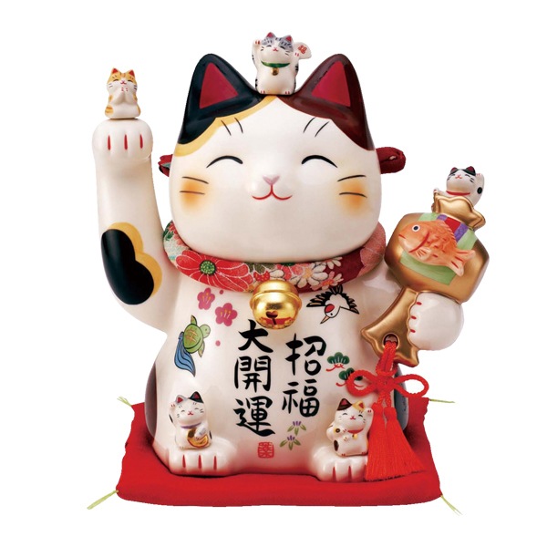 薬師窯 056-7454 彩絵招福大開運猫チリメン首輪付7.5号 0567454