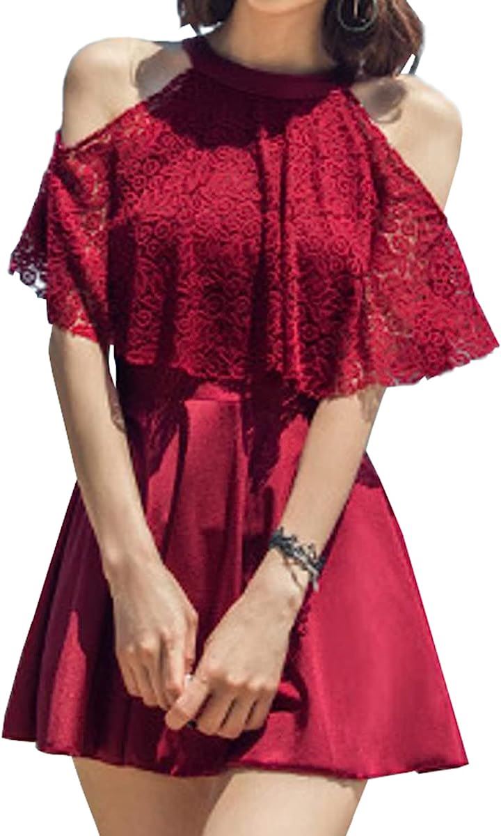 水着 ワンピース レディース 体型カバー 2way オフショル レース フリル スカート( ワインレッド, XL)
