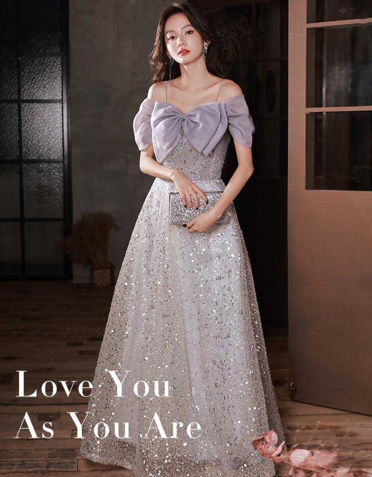 エレガント 高級感 お洒落 リボン レディース 女性 パーティードレス 宴会 披露宴 フェミニン スウィート ラメ感 グレー ロングドレス キャミソール お呼ばれ 二次会 音楽会 誕生日 プレゼント