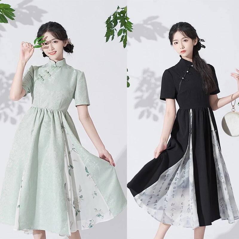 チャイナ風ワンピース 改良チャイナドレス 夏 レディース 切り替えワンピース 半袖 文字柄 緑 黒 ハイウエスト