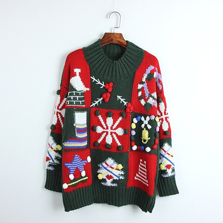 の女性用ゆったりとした厚手セーターレトロりスノーフレークレッドクリスマスラウンドネックプルオーバーコントラストカラーニットウール