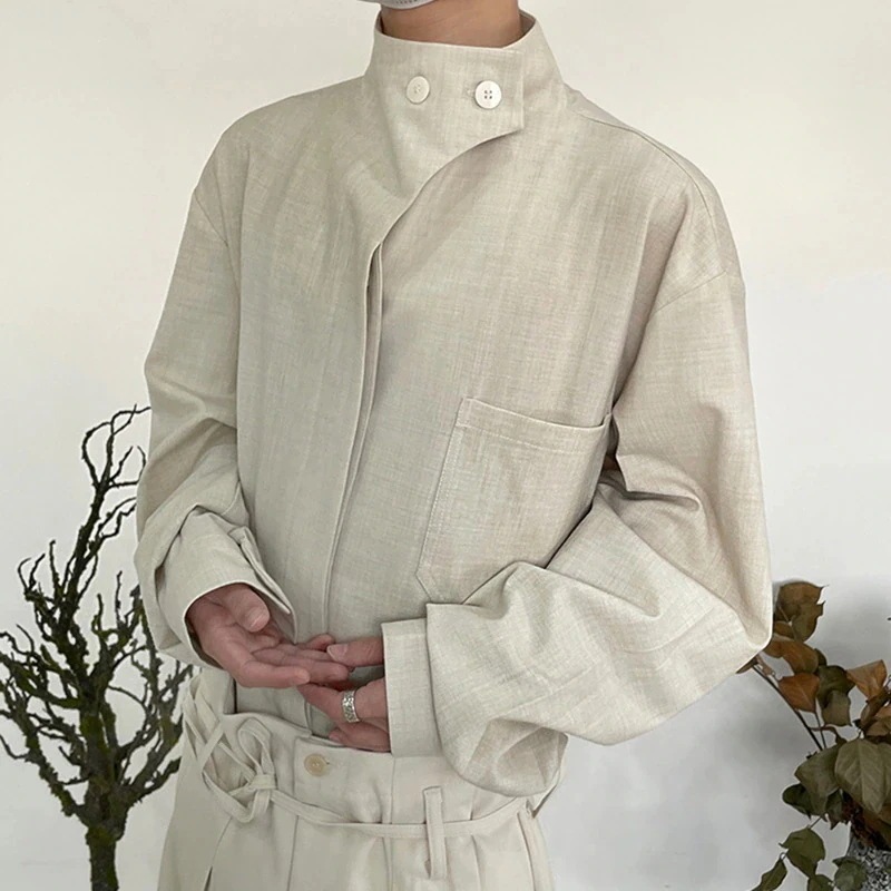 スタンドカラーブラウス 長袖 メンズ スタンドカラーシャツ レディース グレー ベージュ ゆったり 気質アップ 男女兼用 無地 ストリート系ファッション