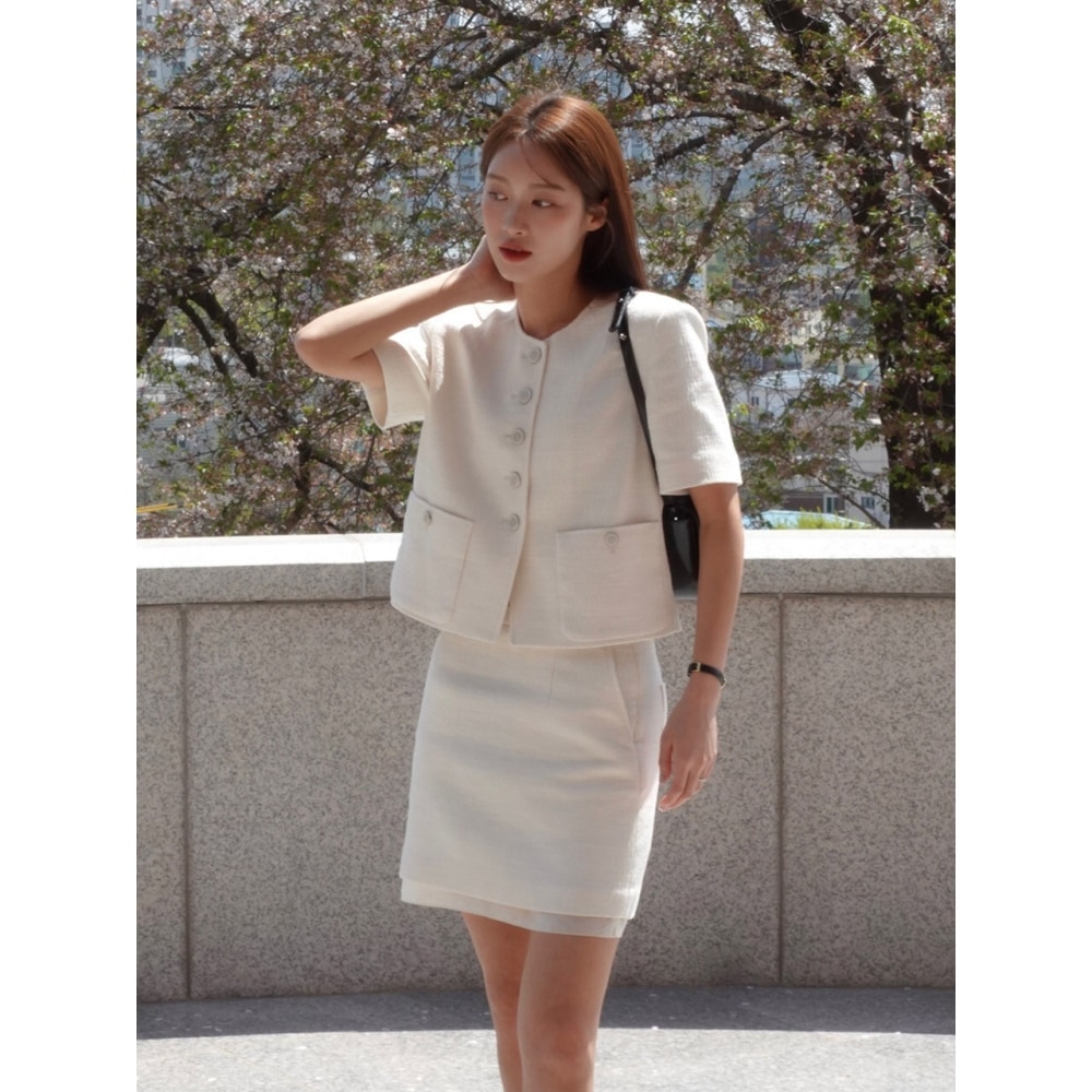 エーティーコーナーラウンドネックツイードショートスリーブジャケットホワイト (AEJA4B402WT)