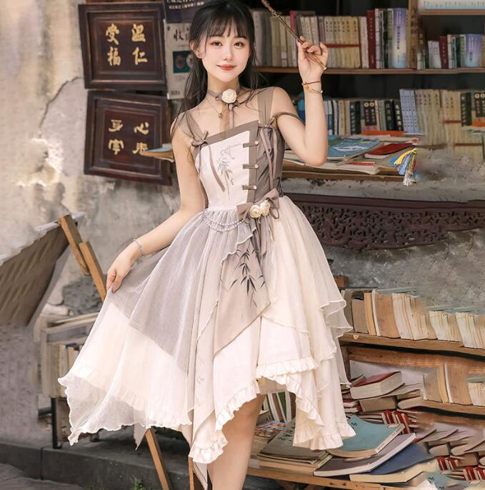 ロリータ ドレス キャミソール 漢風 ドレス 膝丈 ロリータワンピース チャイナドレス イレギュラー裾 改良版漢服 コスプレ衣装 撮影衣裳 学園祭 文化祭 イベント衣裳