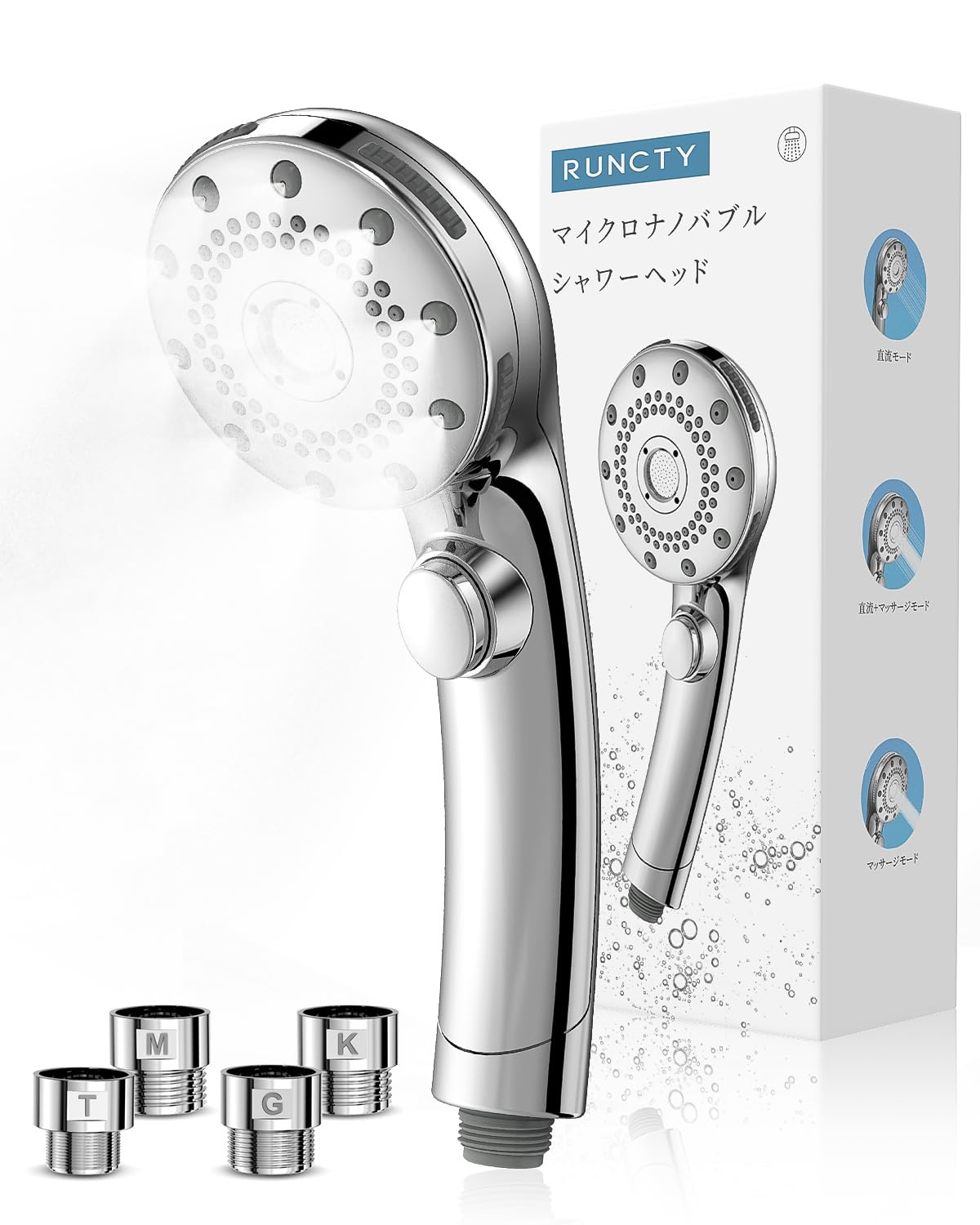 RUNCTY シャワーヘッド マイクロナノバブル 5段階モード 高洗浄力 手元止水 シャワー ヘッド 節水 高水圧 ナノバブル 保温 潤い 美肌 頭皮ケア ミストシャワー 極細水流 毛穴汚れ除去 お風
