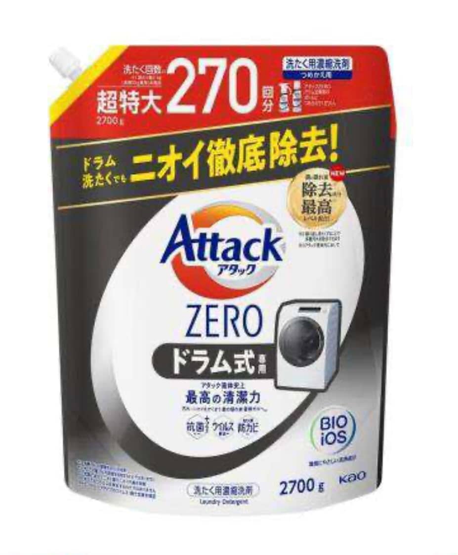 【超特大】 アタックZERO 洗濯洗剤 液体 ドラム式専用 アタック液体史上 最高の清潔力 菌の隠れ家蓄積0へ 詰め替え用 2700g（デカラクサイズ）