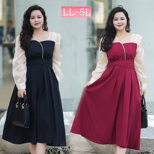 Vネック Aライン ワンピ ドレス ミモレ丈 袖あり 長袖 大きいサイズ レディース 春 秋 きれいめ ぽっちゃり パーティードレス LL 3L 4L 5L かわいい 着痩せ お腹 太もも 胸周り 二