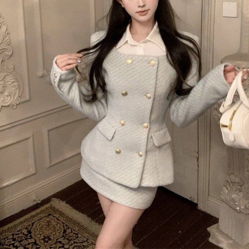 リッチな相続人スタイルのツーピースセット：ダブルブレストウールコートとハイウエストスリミングスカート（春/秋）