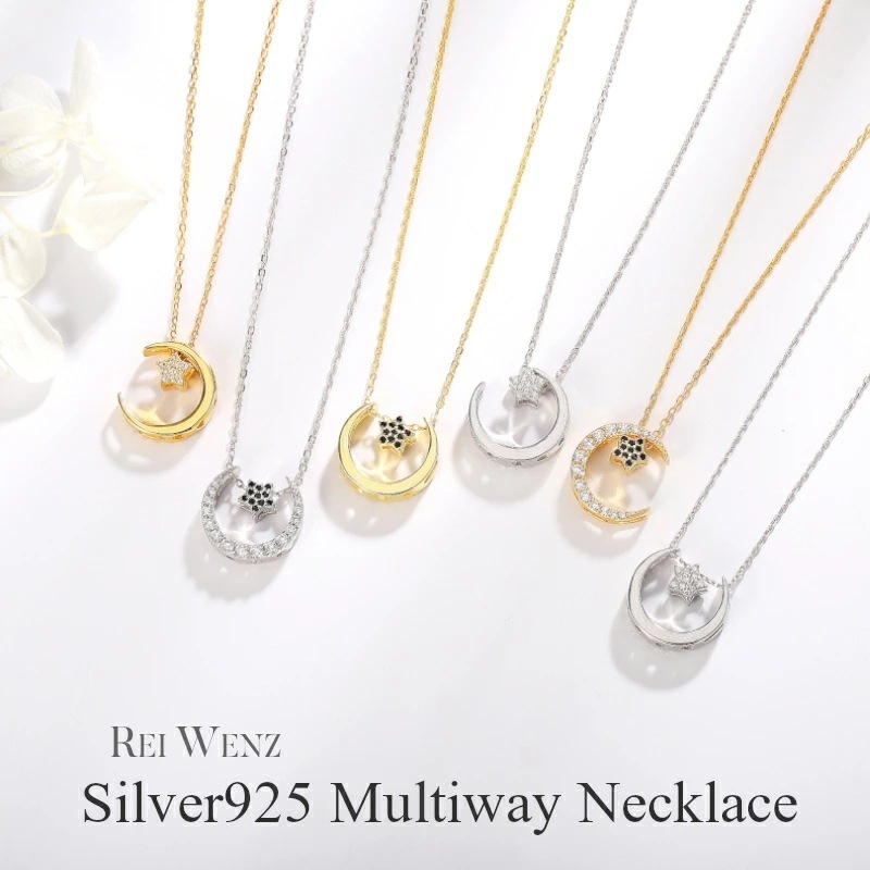 【高品質Silver925】ネックレス レディース シルバー ゴールド Silver925 CZダイヤモンド 月 星 ジルコニア プレゼント 2way 3way 40b