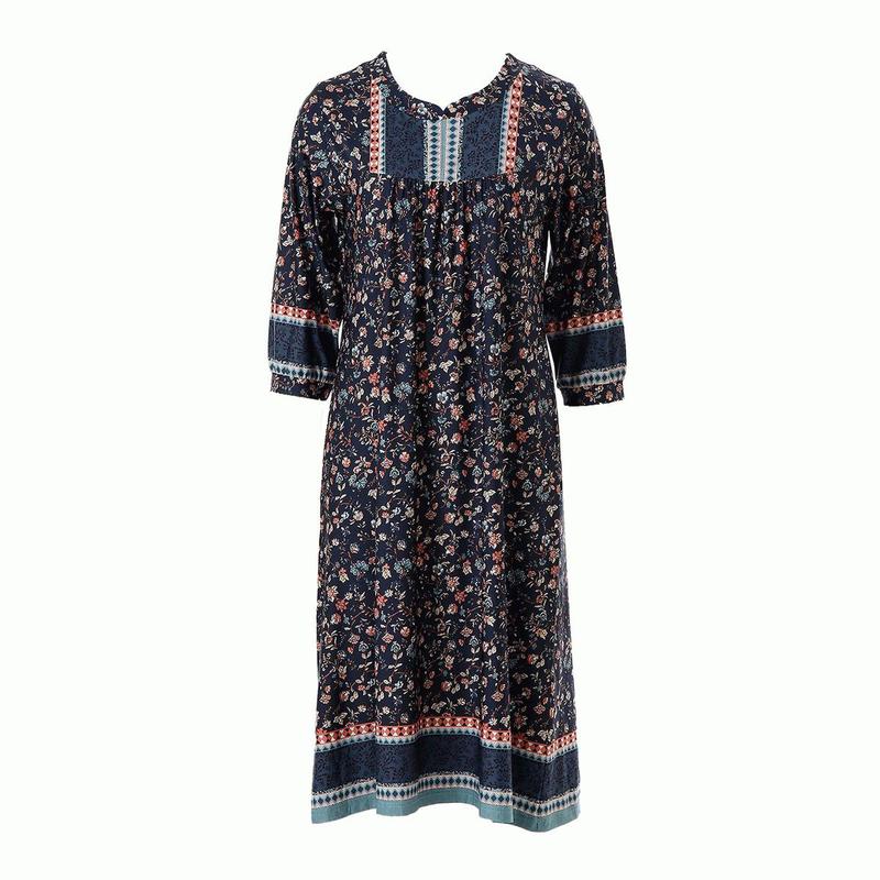 ポリスパン花ボーダー捺染室内着ワンピースVEVS117LNBTSG