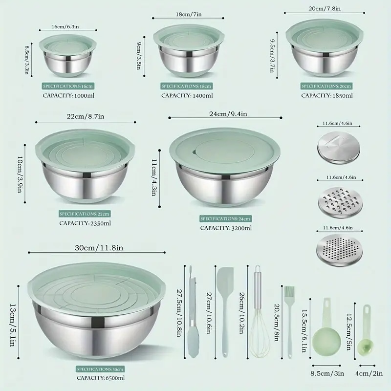 29点セット ステンレス製ミキシングボウルセットミントグリーン 密閉蓋付き3点のグレーターアタッチメントとベーキングツール付属：ブラシトング泡立て器計量スプーン＆スクレーパー滑り止めシリコ