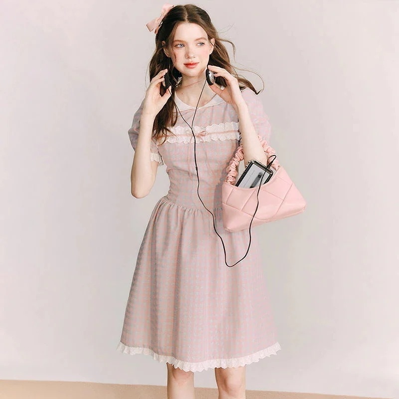 キャミワンピース2025夏作ピンクチェックスカート百掛け着痩せファッション30%までに制限