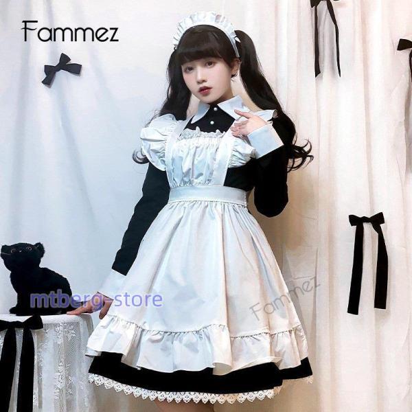 メイド服 コスプレ衣装 レディース ワンピース 長袖 膝丈 エプロン カチューシャ付き クラシカル ロイヤルメイド フリル ハロウィン 制服 黒 白 喫茶店変装