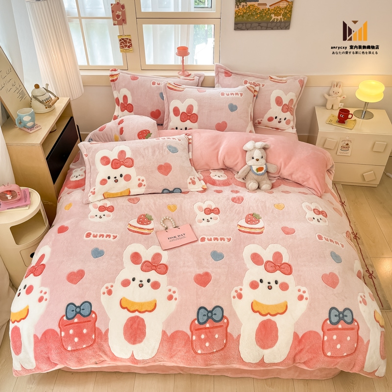 あったか 布団カバー 3点セット 寝具カバー シングル ダブル 4点セット 掛けふとんカバー セミダブル おしゃれ 北欧 フランネル 可愛い 幸福な甘いウサギ 静電気防止 あったか おしゃれ フラット