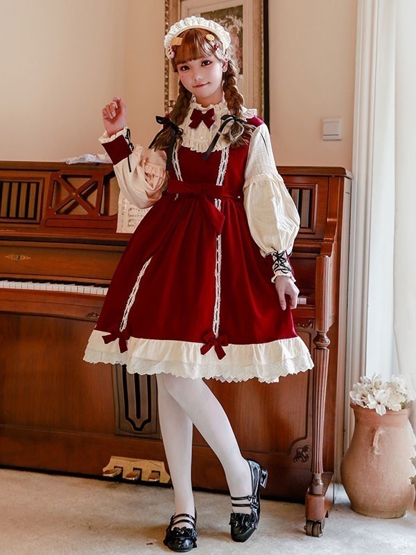 【全店任意2枚購入で100円OFF】甘いロリータOPドレスレースフリルブルゴーニュ弓プリーツ膝丈長袖ロリータワンピースドレス