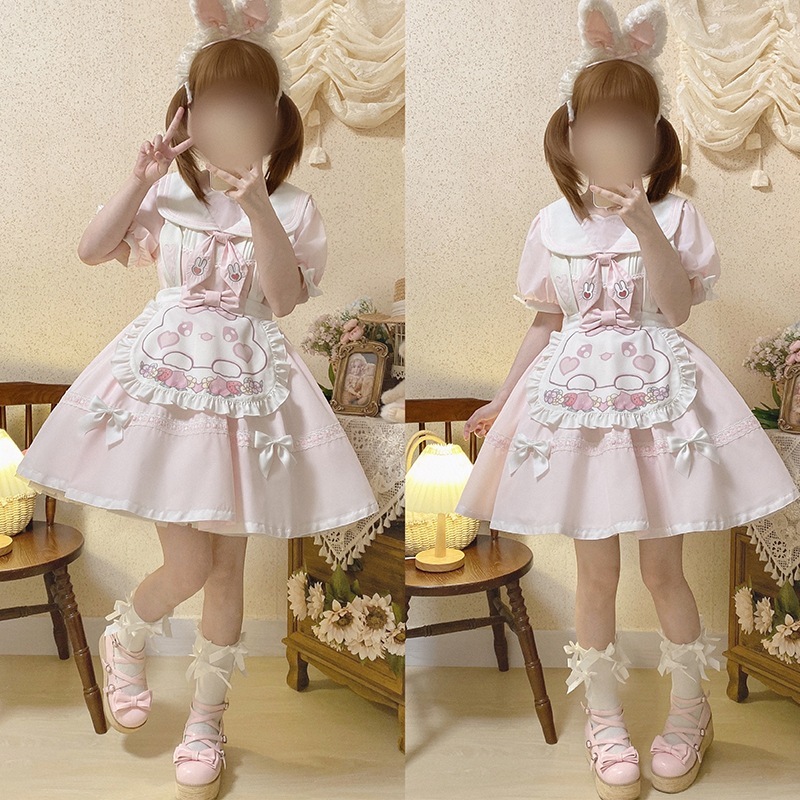 ガールズロリータネイビーカラー半袖oミディドレス