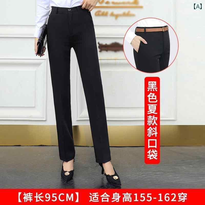 スラックス レディース 夏 薄手 ロングパンツ ストレート ポケット ハイウエスト スリム 通気 オフィス シンプル 黒 紺 大きめサイズ