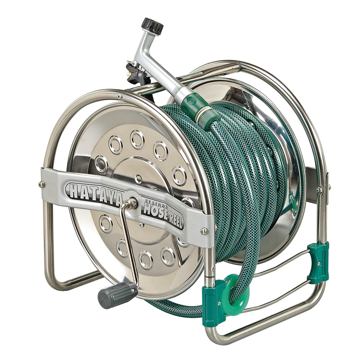 ハタヤ (HATAYA) ホースリール 散水用 20m巻き用 網入防藻ホース付 ステンレス製 ドラム下方向巻き込みタイプ 大型ハンドル付 レバーノズル付 ステンノホースリール (普及タイプ) SSD