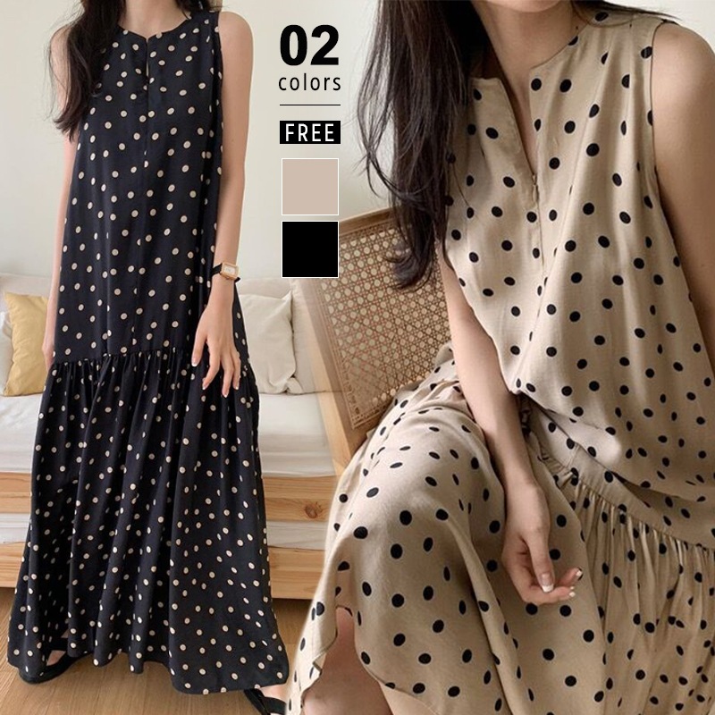 [迅速な配達][限時割!引!]ワンピース ドット レディース ノースリーブ ティアード ロングワンピース ノースリーブワンピース ドット柄 水玉 ロング マキシ ゆったり 体型カバー フェミニン レト