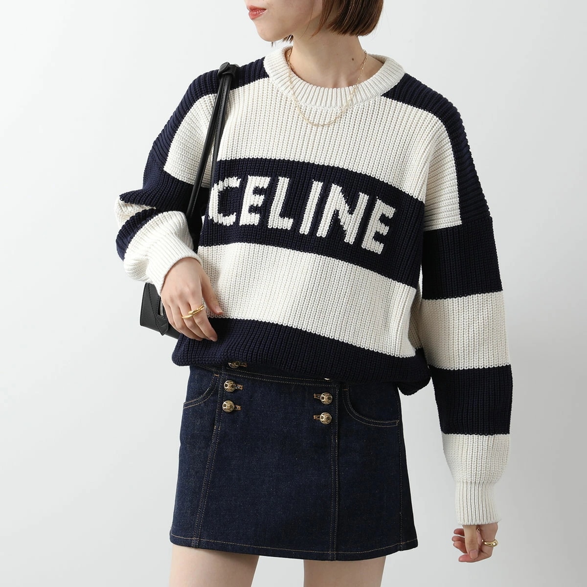 CELINE セリーヌ セーター 2ADCW481Y.01YV レディース コットン ニット ボーダー ロゴ 長袖 オーバーサイズ クルーネック