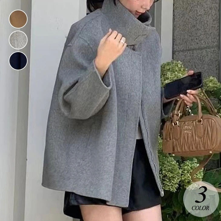 ショート丈 ウール コート レディース 秋 冬 スタンドカラー ジップコート ジャケットコート ショートコート オシャレ きれいめ レトロ 可愛い アウター 韓国ファッション