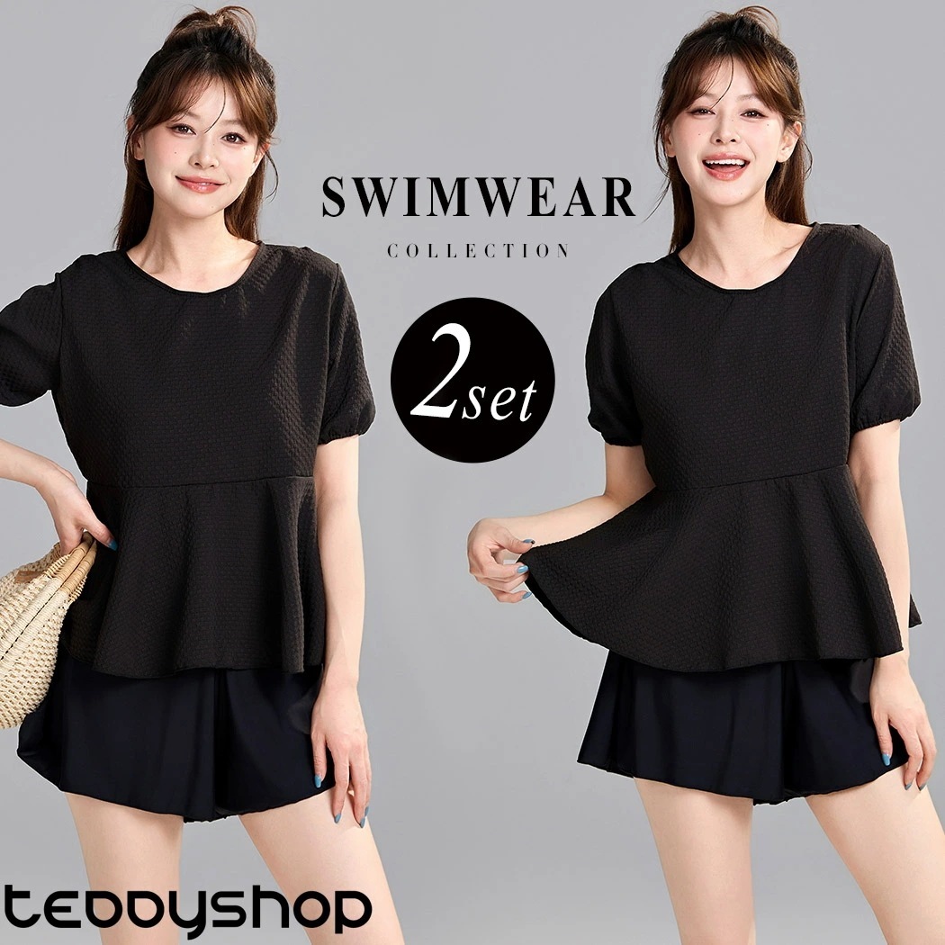 水着 レディース 体型カバー セパレート 2点セット トップス 半袖 袖あり ペプラム フレア パフスリーブ ショートパンツ お洋服見え 露出控えめ インナー一体型 ノンワイヤー パッド付き 二腕 ウ