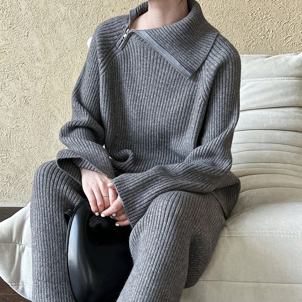 ニットパンツセットアップ セットアップ 上下セット ツーピース パンツセット ニットセット オールインワン アシメニットプルオーバー＋ストレートワイドニットパンツセットアップ レディース かわいい