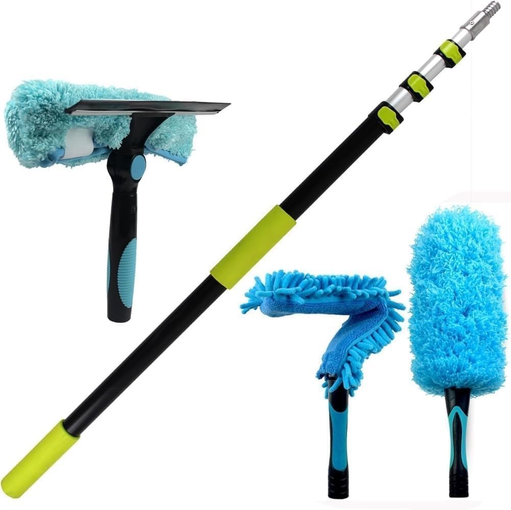 高所掃除用具 伸縮ポールセット 3.6m 軽量アルミ合金 ダストモップ スクイジー 窓ガラス 天井 シーリングファン クリーニング 3点セット