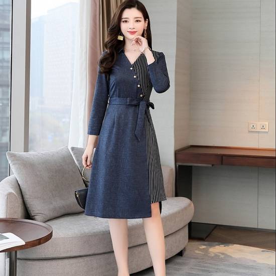 パーティードレス ワンピースドレス きれいめ ワンピース ワンピース 女子会 食事会 七分袖 Vネック 膝丈 ストライプ 10代 20代 30代 40代 カシュクール 春 秋 新作 大きいサイズ