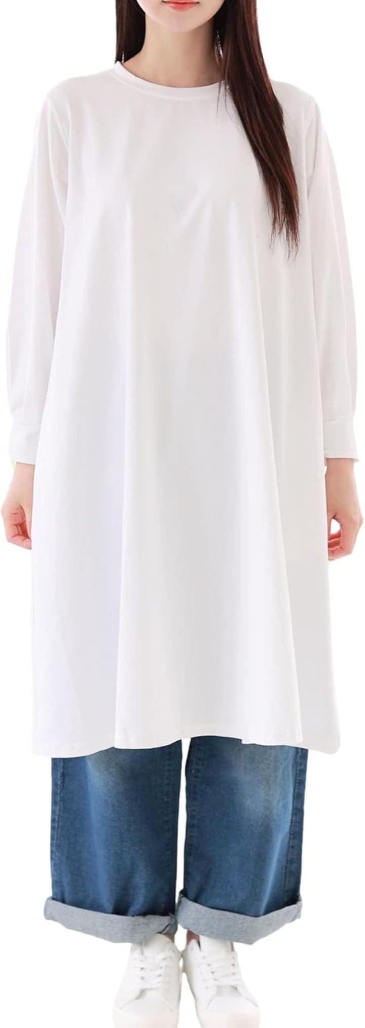 ブラウスのようなTシャツ ストレッチコットン 長袖 後ろドレープ レディース ロング Tブラウス シャツワンピース(ホワイト(ロング丈), M) 5,202円