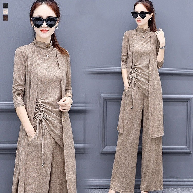 セットアップレディース3点セットトップスカーディガン長袖ガウチョパンツフォーマル大き