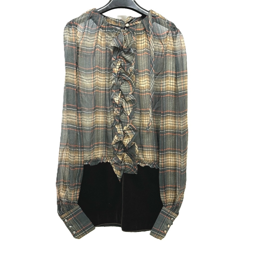 ワンピース チェック柄 フリル アパレル シースルー バックオープン ブラウン