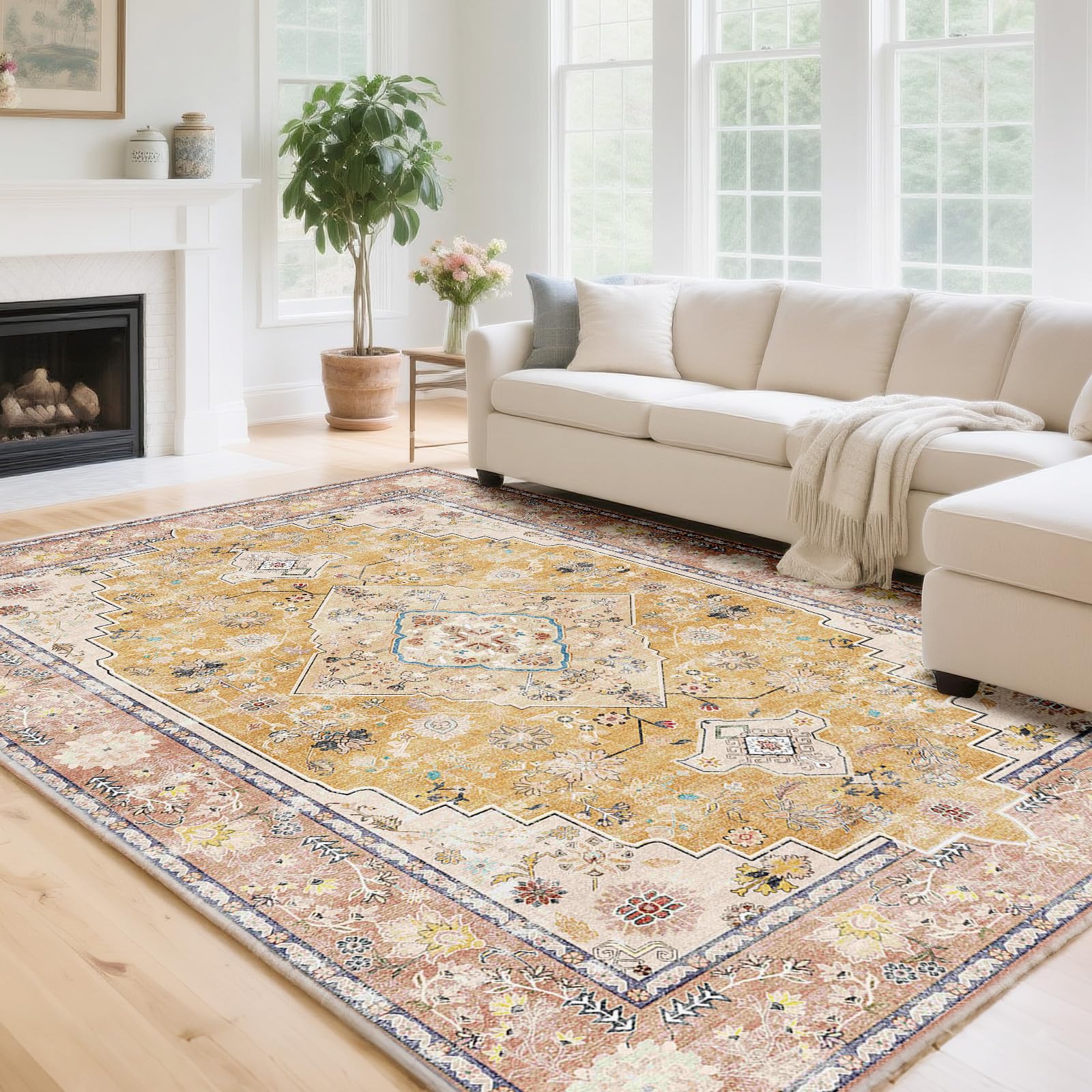 カーペット ペルシャ風 ラグ 約3.5畳 室内 滑り止め ホット ペルシャ絨毯 対応 耐磨耗性 洗える ラグマット 軽量 花柄 ラグ 黄色 カーペット 200x300cm（イエロー）