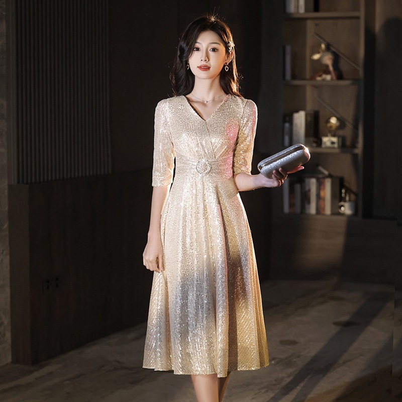 女性用シャンパンドレス2024キラキラグリッターホストドレスプチ秋スタイル