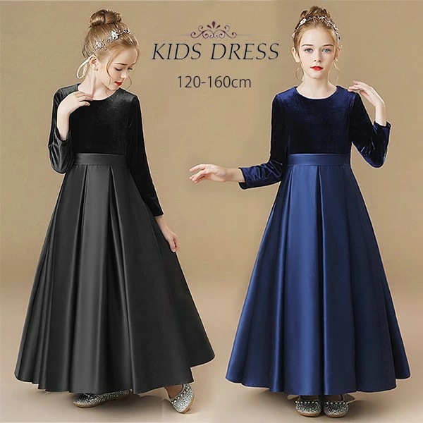 ピアノ発表会 ドレス キッズ キッズドレス ワンピース ロングドレス ジュニアドレス ロング丈 子供ドレス 秋冬 長袖 ブラック 黒 紺 お姫様 上品 可愛い エレガント 女の子 結婚式 子ども フォ