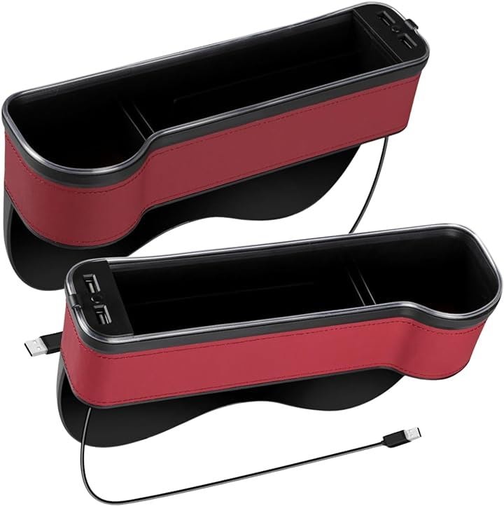 車 隙間 すきま 収納 シート サイドポケット コンソールボックス 多機能 USB ライト 運転席 助手席 2個(レッド)