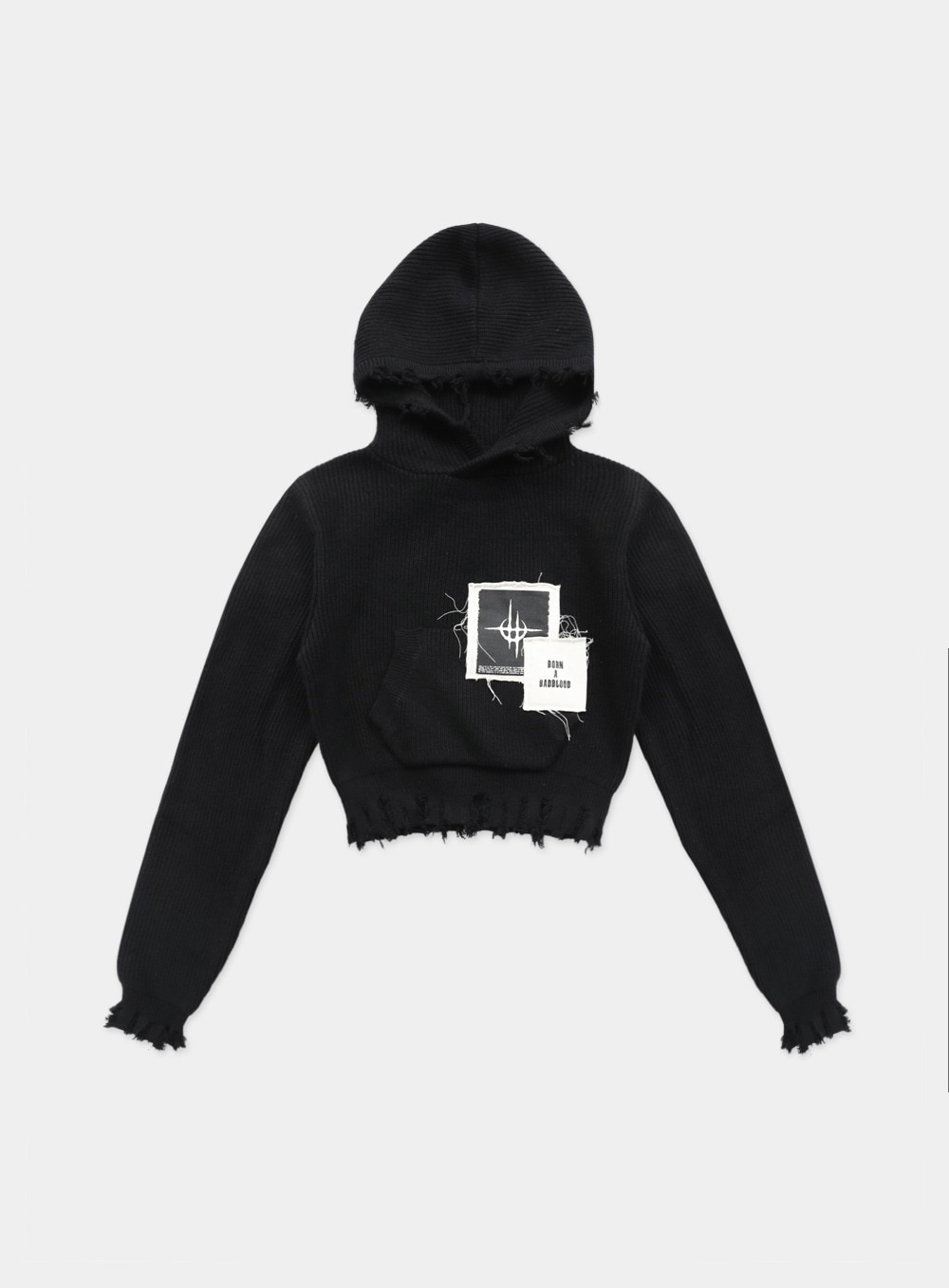 【BADBLOOD】 DESTROYED HOODED CROP SWEATER : BLACK